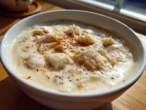 Close-up of a bowl of rich, creamy crab soup topped with large chunks of white crab meat and sprinkled with paprika and black pepper.