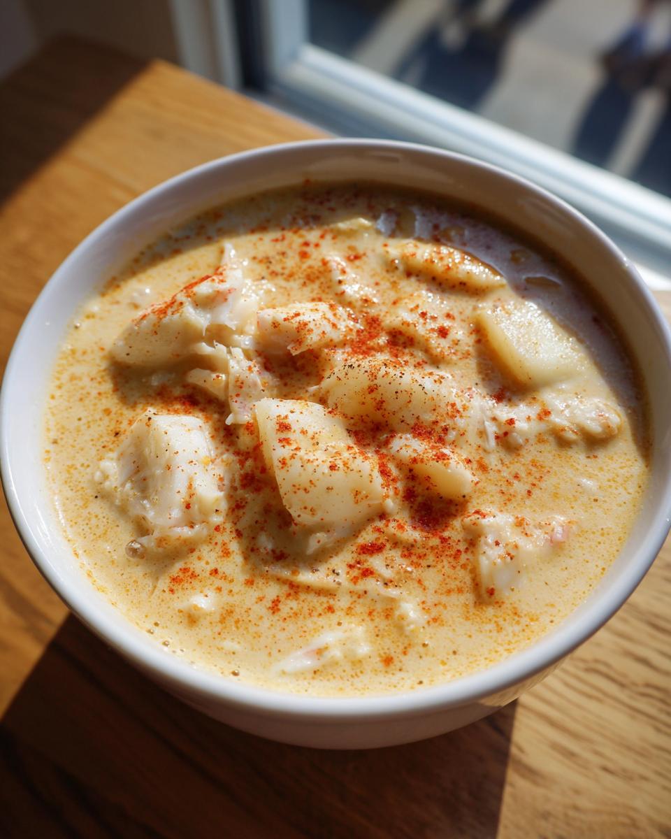 A close-up of a bowl of creamy, velvety crab soup topped generously with chunks of crab meat and a sprinkle of red paprika.
