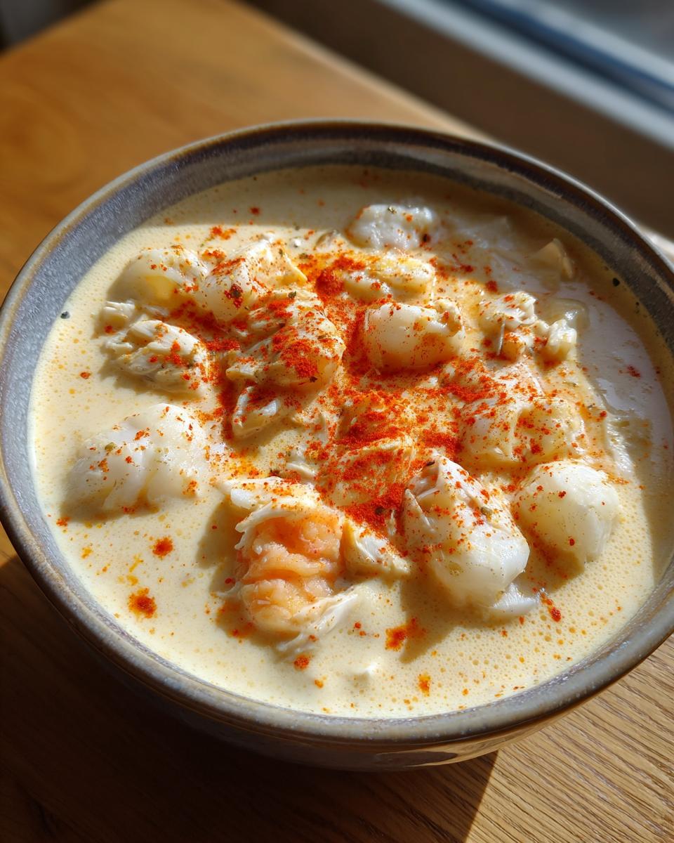 Close-up of a bowl of velvety crab soup generously topped with chunks of white crab meat and a sprinkle of bright red paprika.