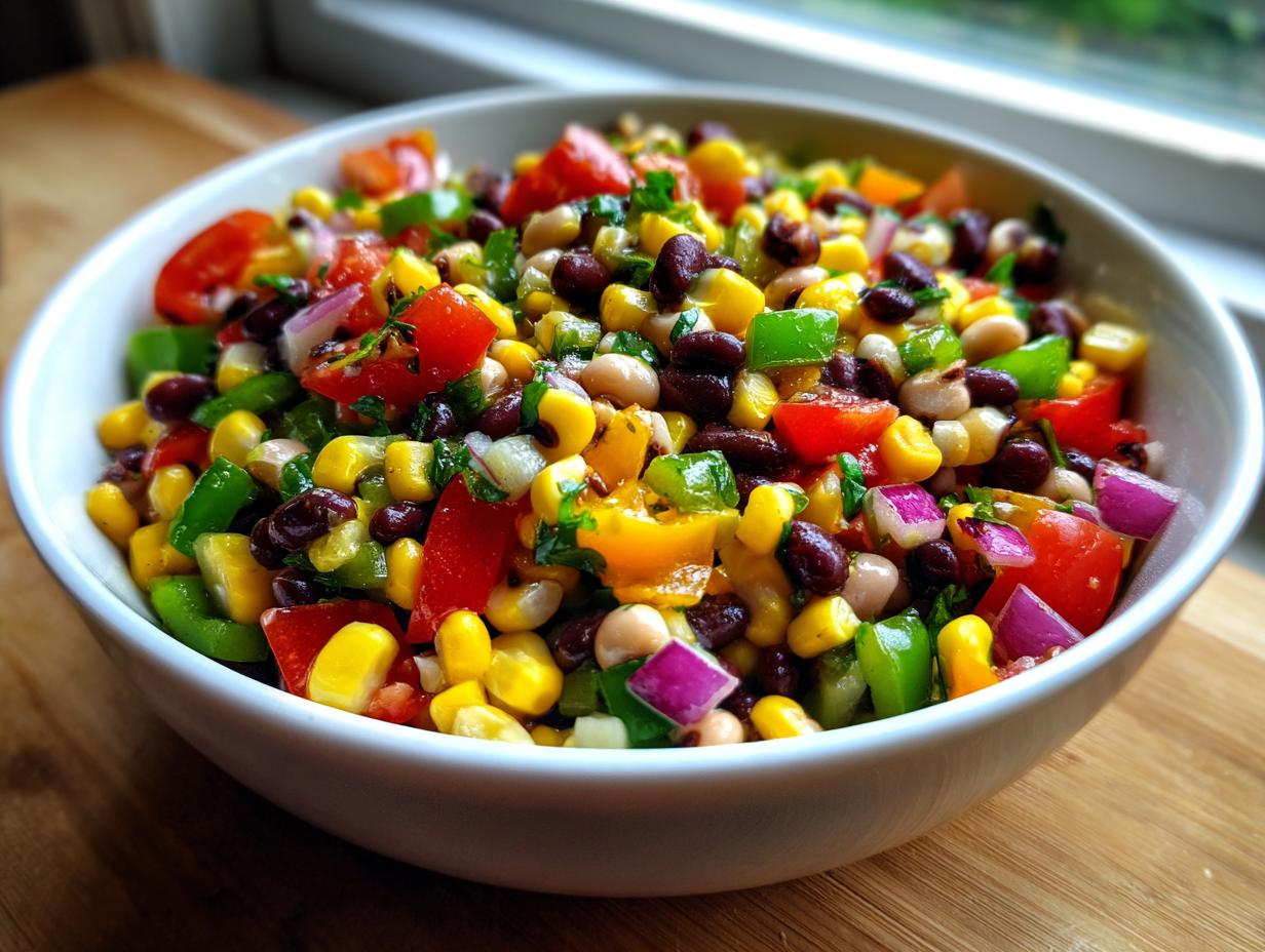 Close-up of a vibrant cowboy caviar recipe featuring corn, black beans, tomatoes, and peppers in a white bowl.