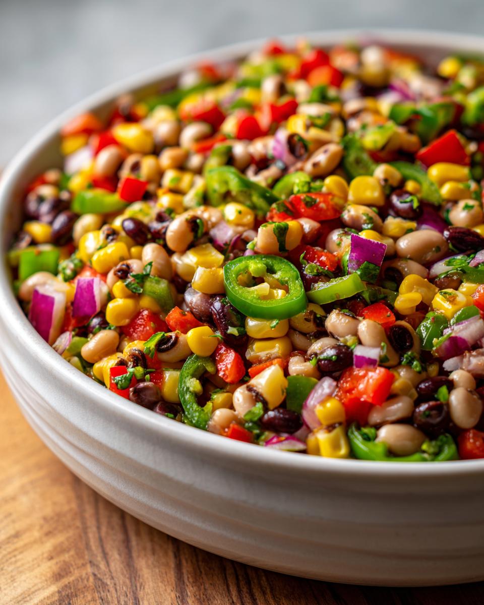 Close-up of a colorful cowboy caviar recipe featuring black-eyed peas, corn, peppers, and onions in a white bowl.