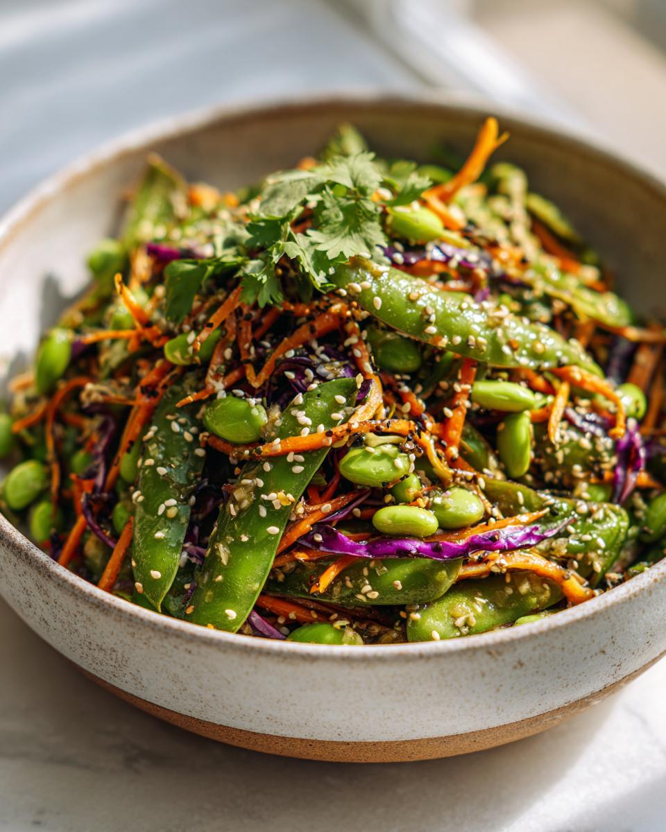 Close-up of a vibrant edamame salad featuring snow peas, shredded carrots, purple cabbage, and sesame seeds.