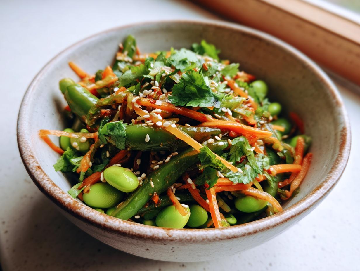 Close-up of a vibrant edamame salad featuring bright green edamame, shredded carrots, and cilantro, topped with sesame seeds.
