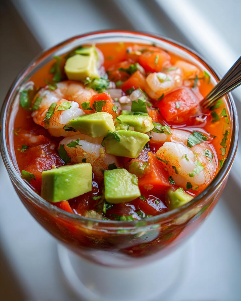 Close-up of a refreshing mexican shrimp cocktail topped with diced avocado, tomatoes, and cilantro.