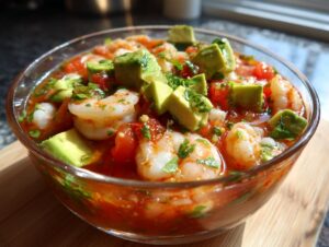 Close-up of a glass bowl filled with vibrant mexican shrimp cocktail, featuring plump shrimp, tomatoes, and diced avocado.
