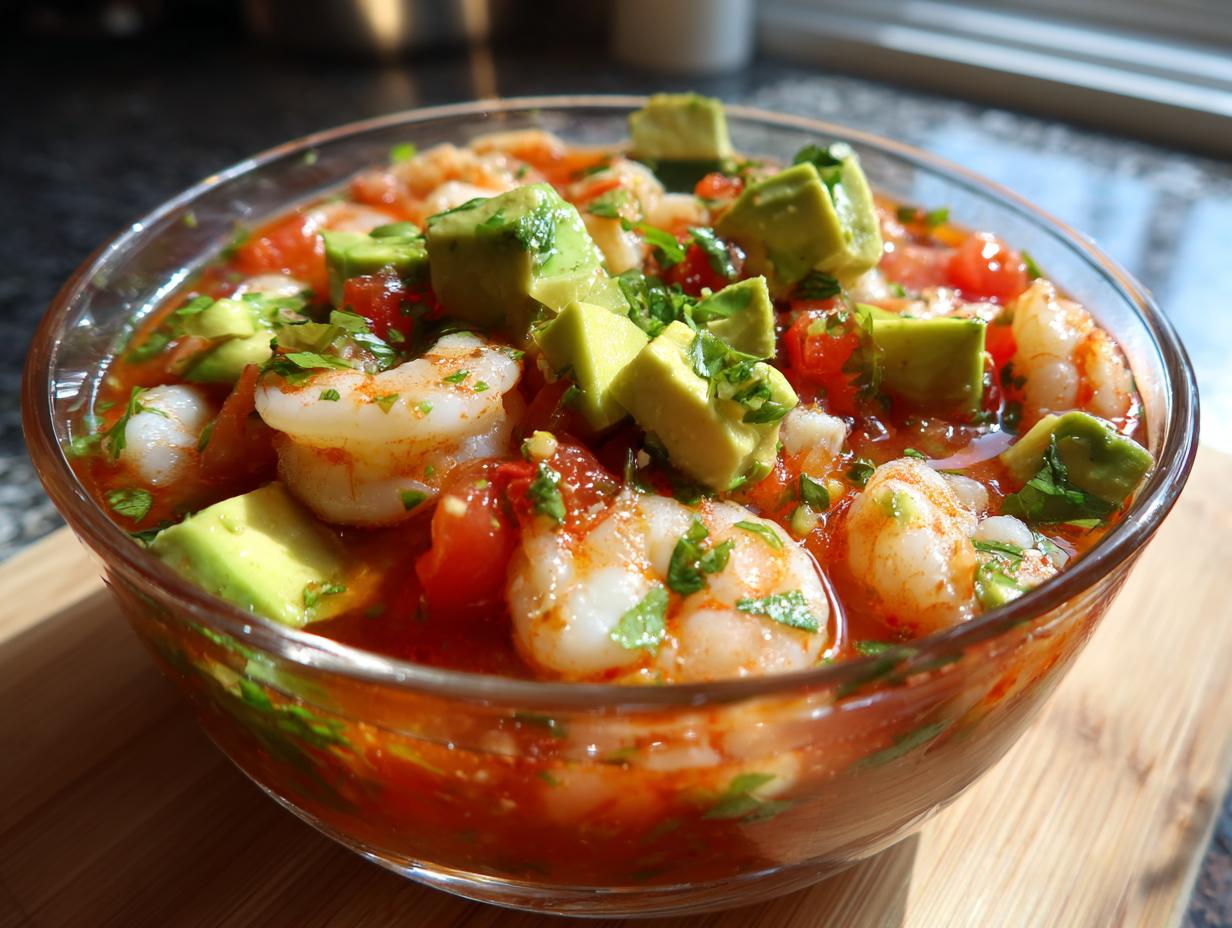 Close-up of a glass bowl filled with vibrant mexican shrimp cocktail, featuring plump shrimp, tomatoes, and diced avocado.