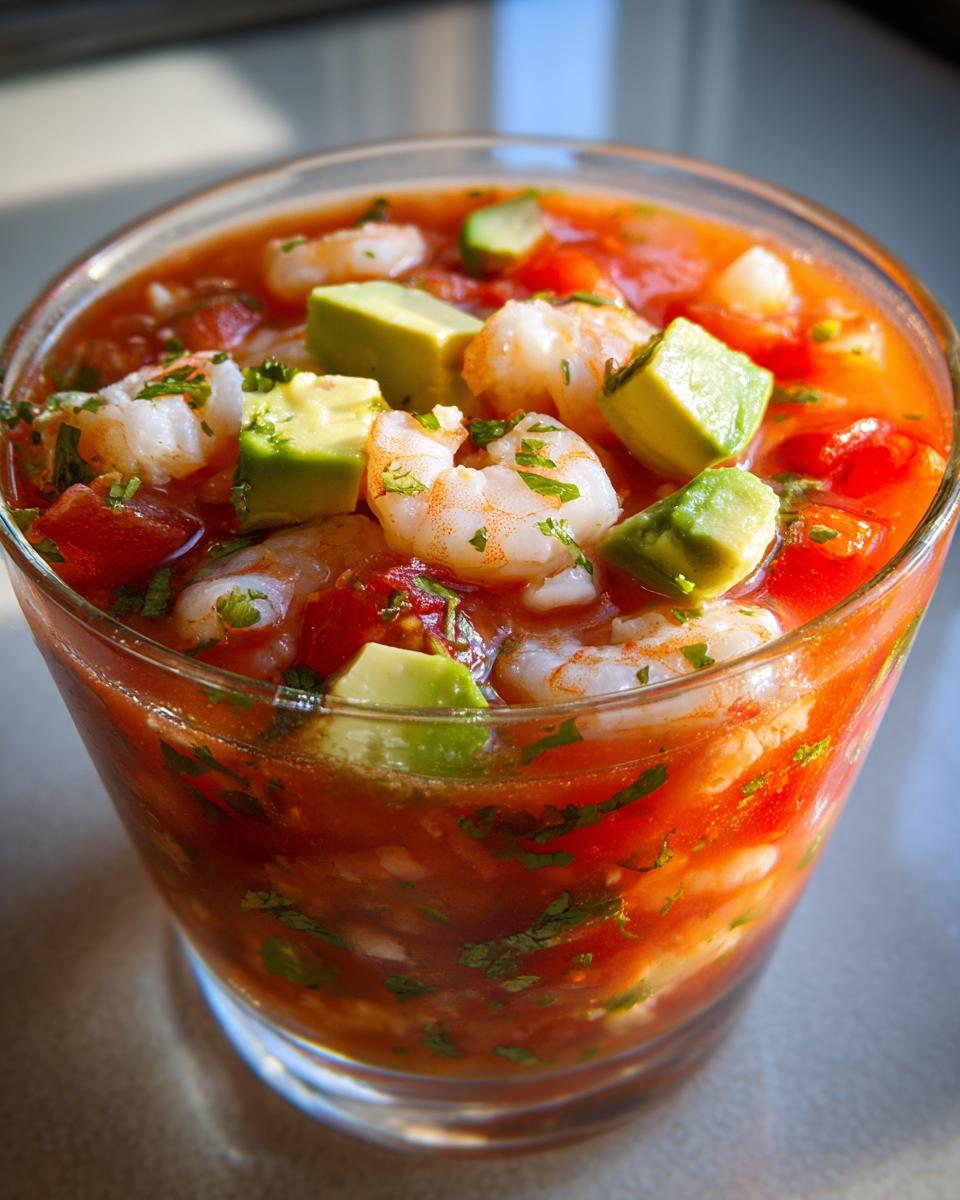 Close-up of a glass filled with vibrant mexican shrimp cocktail, featuring shrimp, tomato sauce, and chunks of avocado.