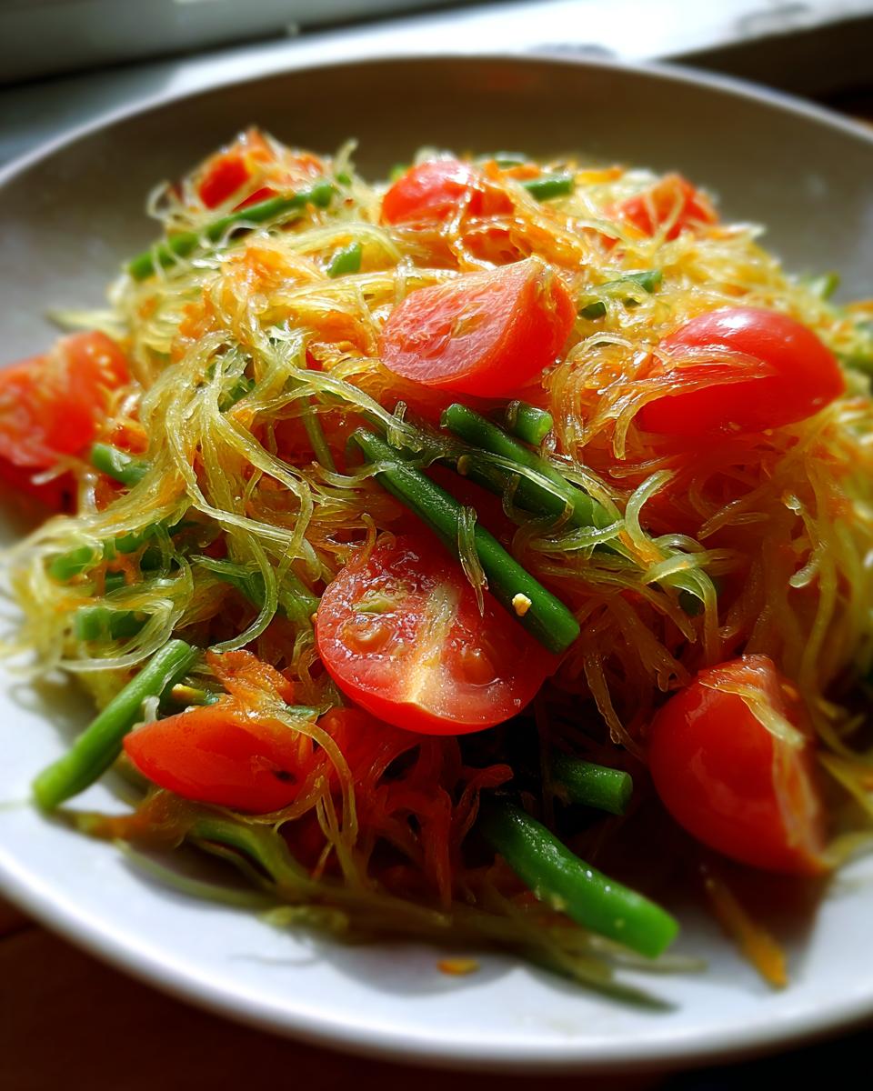 Close-up of vibrant papaya salad featuring shredded green papaya, bright red cherry tomato halves, and green beans.