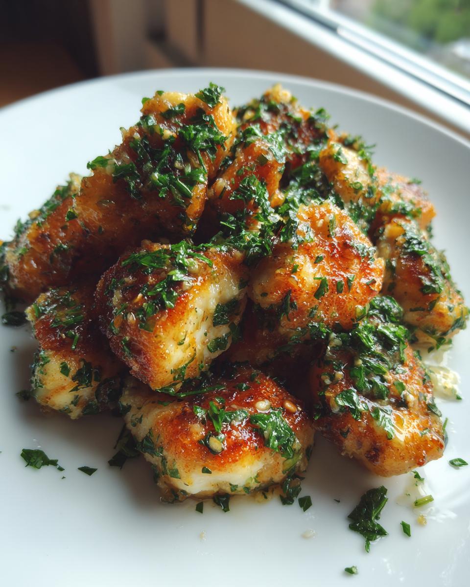 A pile of golden-brown, pan-seared chicken bites generously topped with fresh chopped parsley and garlic butter sauce.