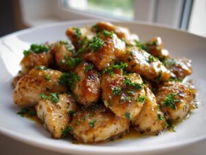 Close-up of golden-brown, glazed chicken bites topped with fresh chopped parsley on a white plate.
