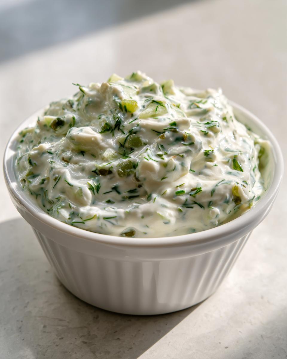 Close-up of a thick, creamy tartar sauce recipe loaded with chopped pickles and fresh dill in a white ramekin.