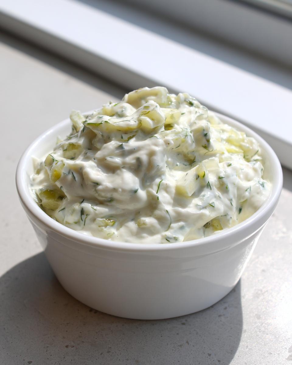 A close-up of creamy, chunky homemade tartar sauce recipe served in a small white bowl.