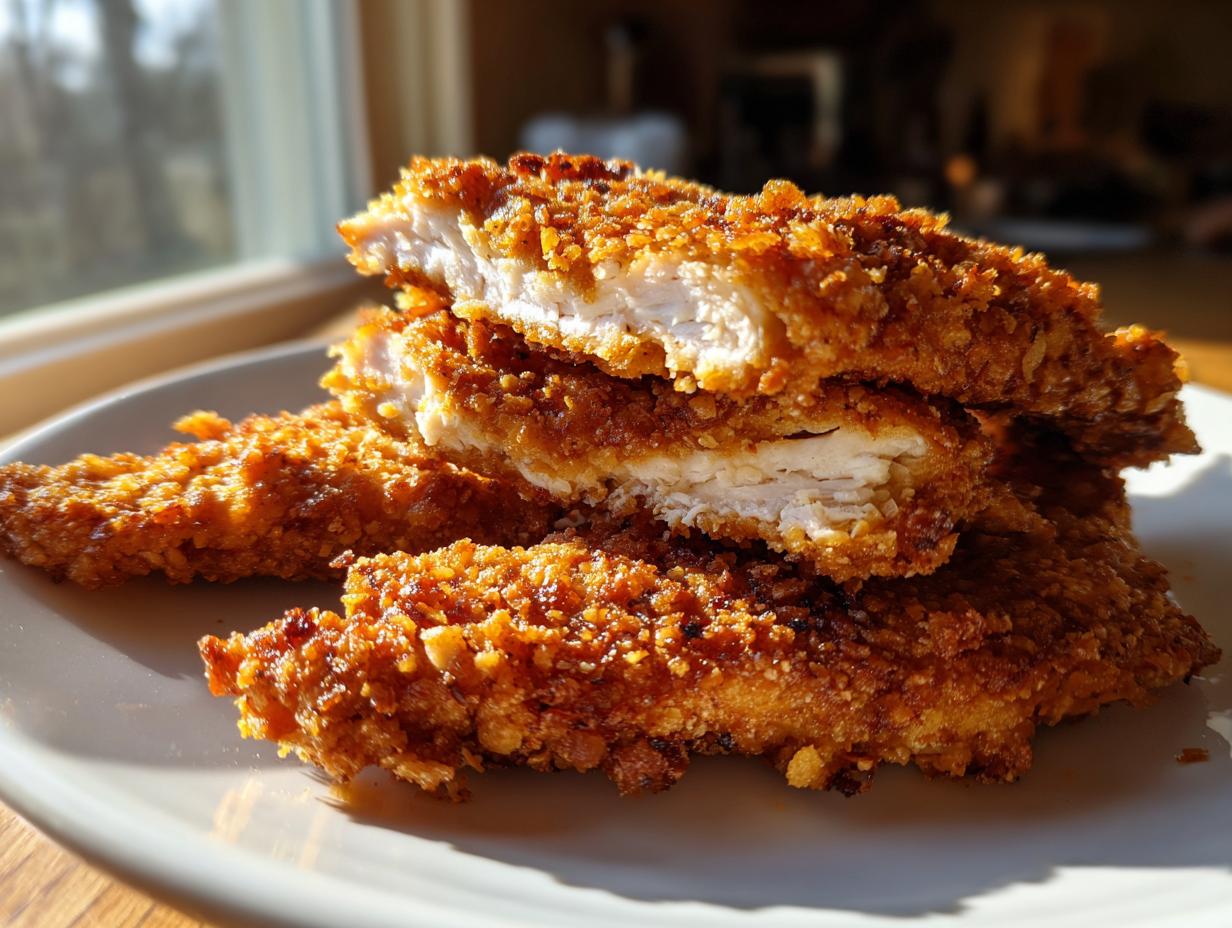 Close-up of crispy, golden air fryer chicken tenders stacked on a white plate, showing the juicy white interior.