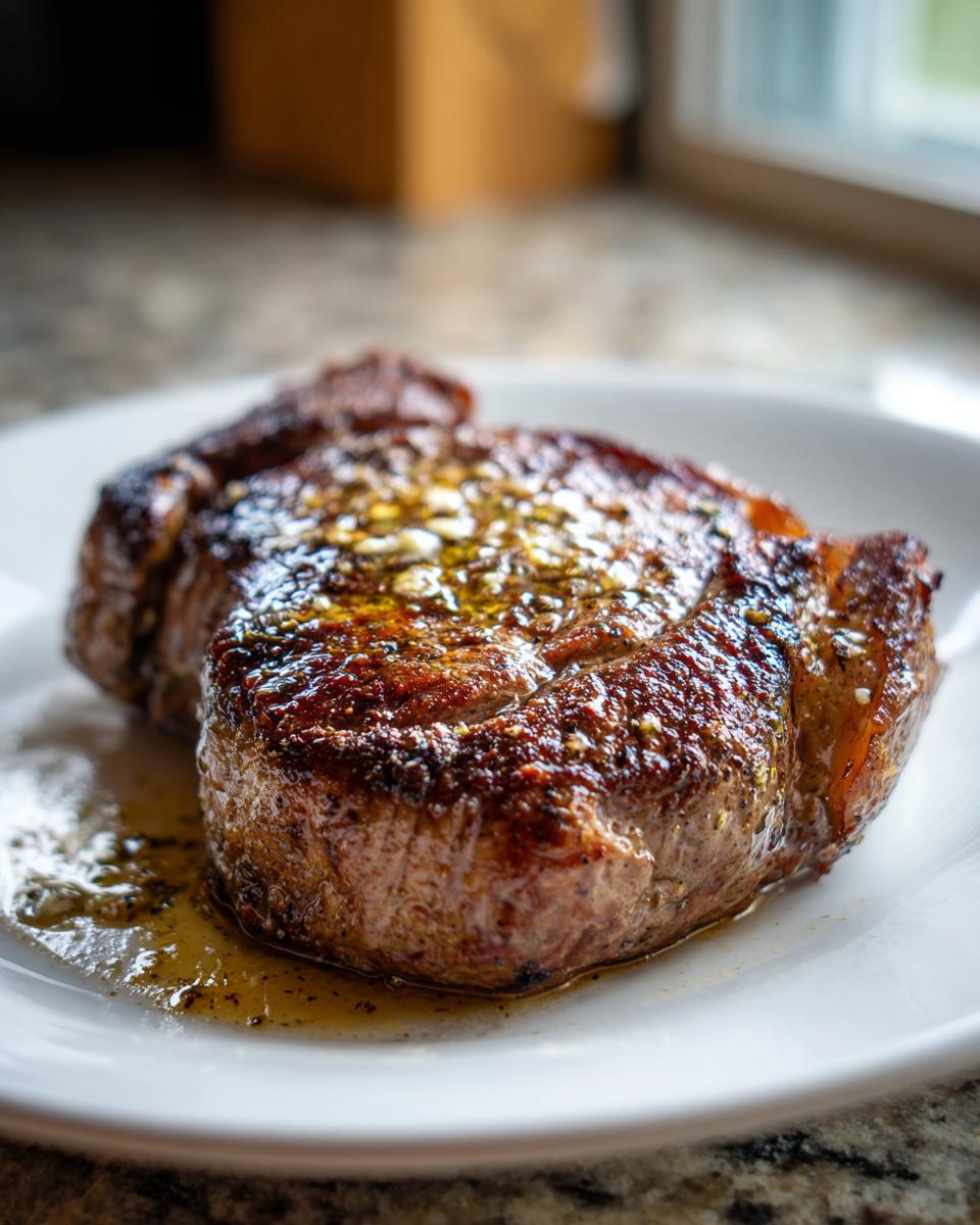 A juicy, seared air fryer steak resting on a white plate, glistening with melted butter and seasonings.