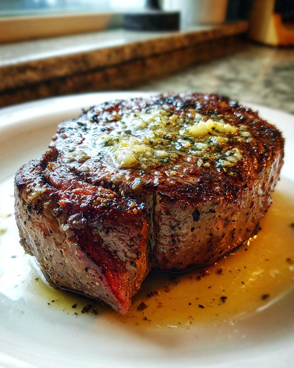 Close-up of a thick, perfectly seared air fryer steak topped with melting garlic herb butter.