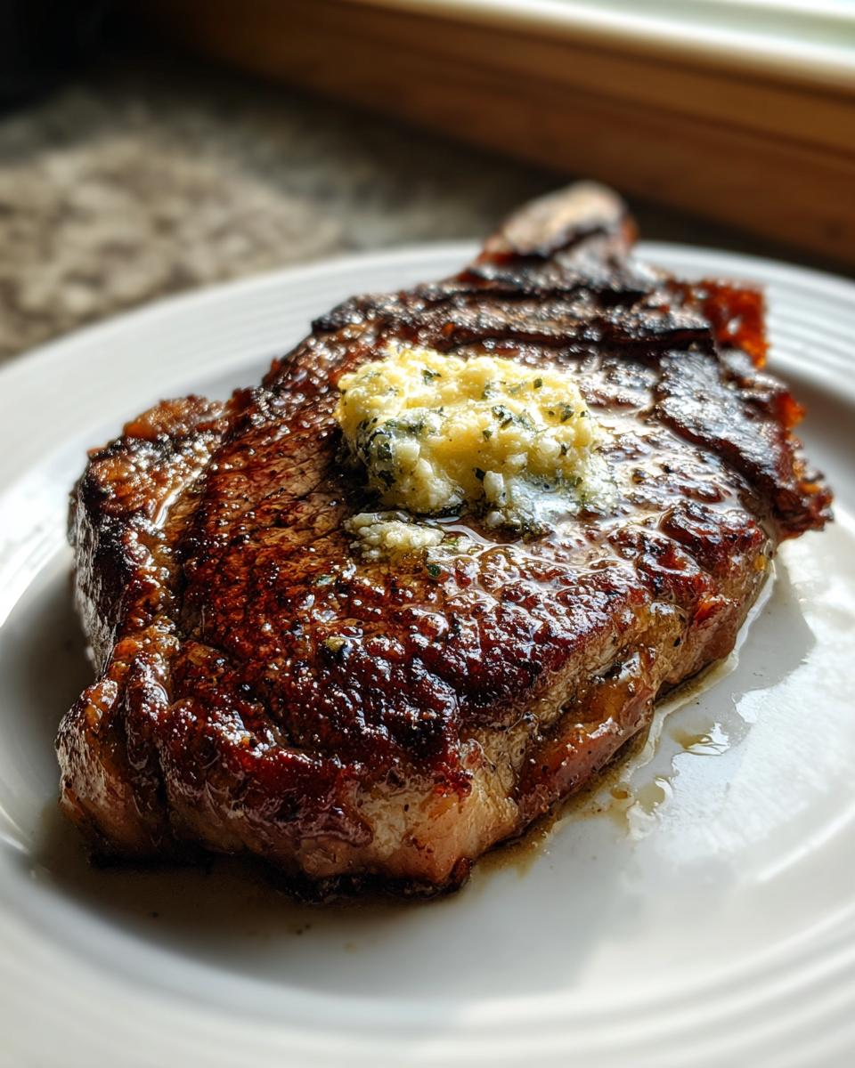 A perfectly seared air fryer steak topped with melting compound herb butter on a white plate.