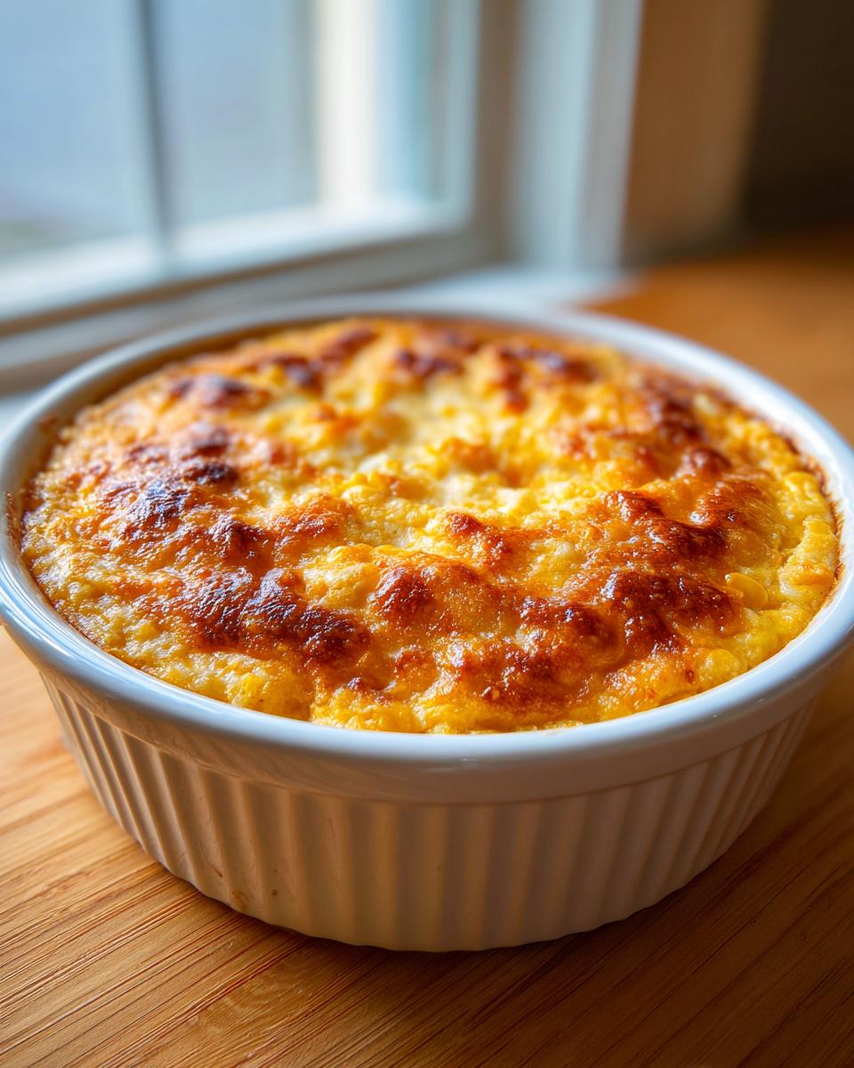 Close-up of a bubbling, golden-brown baked corn dip served hot in a white ceramic ramekin.