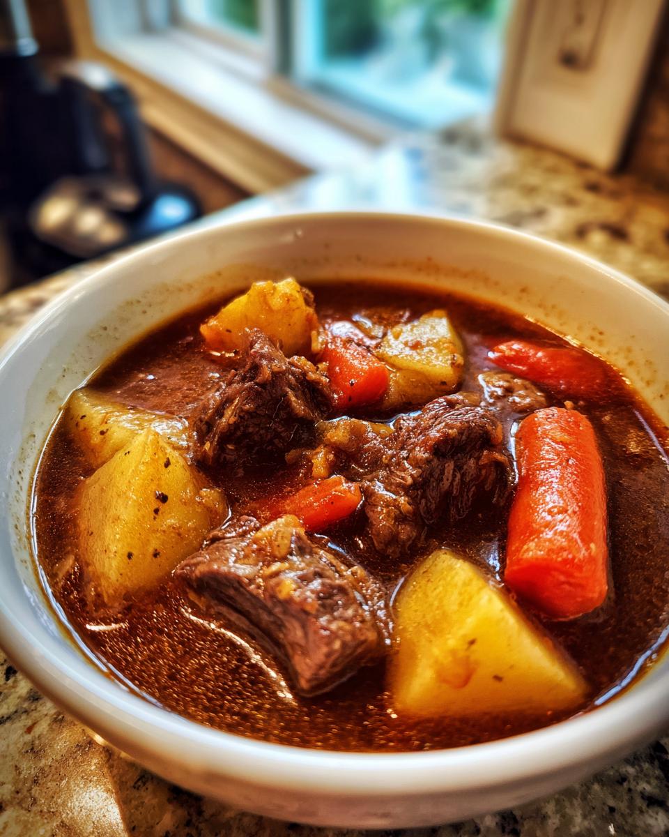 Close-up of a white bowl filled with rich, dark Amazing 8-Hour beef stew chunks, carrots, and potatoes.