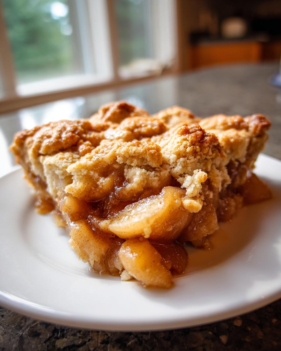 Close-up of a generous slice of apple cobbler with a thick, crumbly topping and gooey cinnamon apples.
