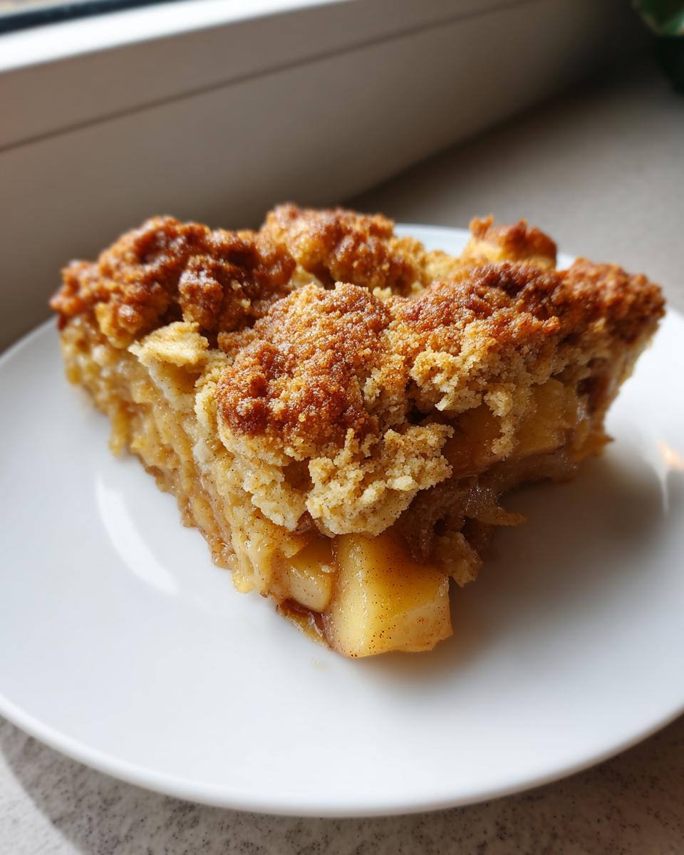A close-up slice of amazing apple cobbler featuring tender spiced apples and a thick, golden brown crumb topping.