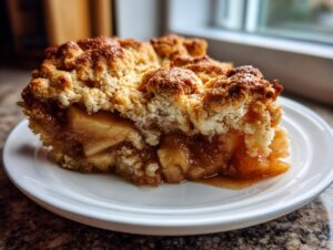 Close-up of a thick slice of amazing apple cobbler showing soft cinnamon apples and a golden, crumbly topping.