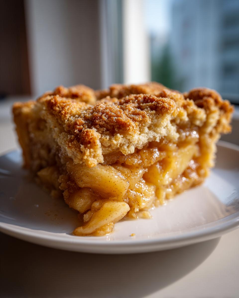 Close-up of a generous slice of amazing apple cobbler showing soft, spiced apples and a thick, golden crumb topping.