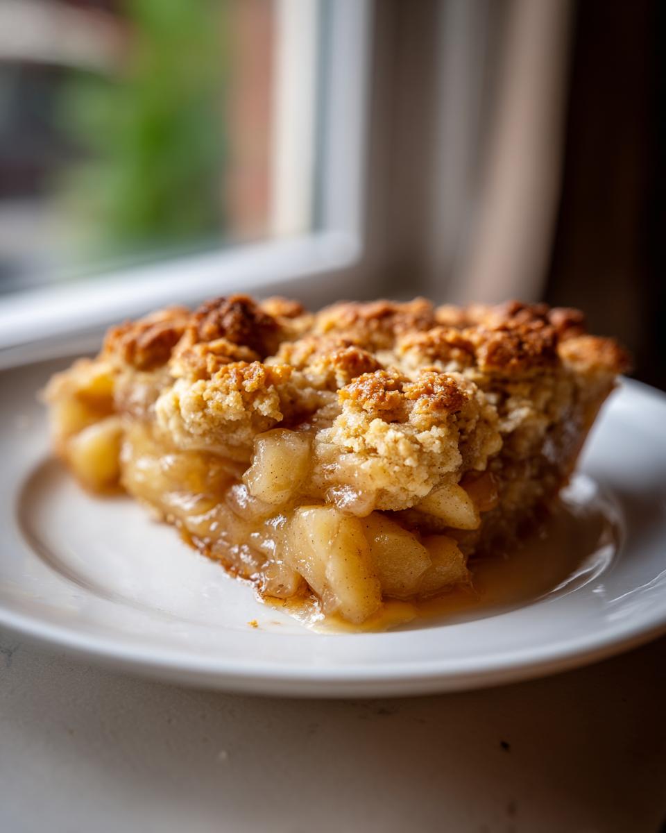 A close-up of a warm slice of apple cobbler with a golden, crumbly topping served on a white plate.