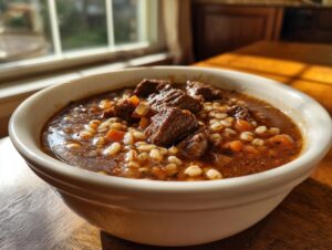 Close-up of a steaming white bowl filled with amazing beef barley soup, showing chunks of tender beef and plump barley grains.