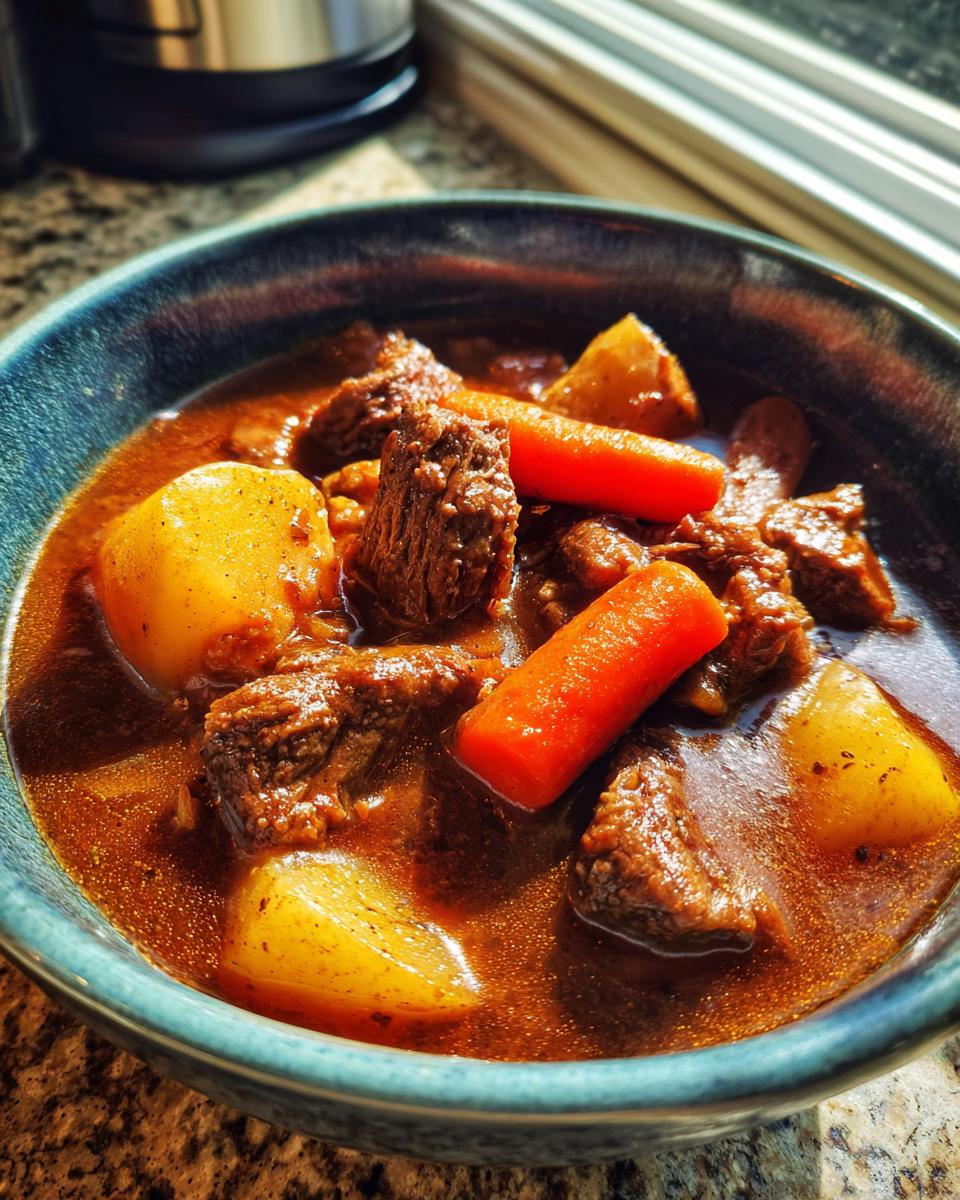 Close-up of a rich, dark brown bowl of amazing beef stew with tender chunks of beef, potatoes, and bright orange carrots.