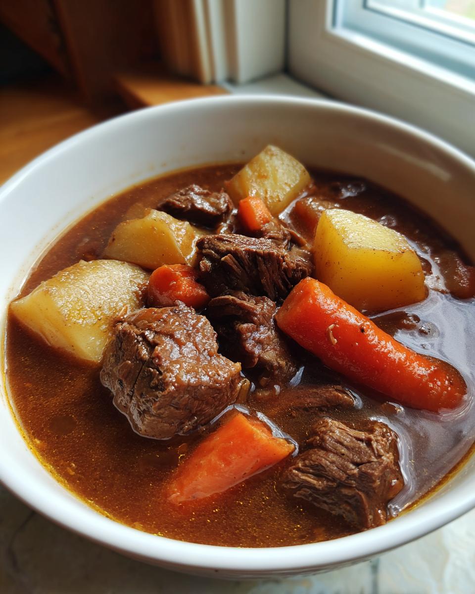 Close-up of a white bowl filled with rich, dark brown beef stew featuring tender chunks of beef, potatoes, and carrots.