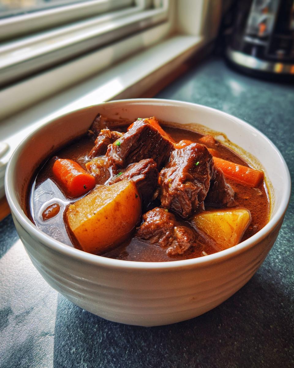 Close-up of a white bowl filled with rich, dark brown beef stew featuring large chunks of tender beef, carrots, and potatoes.