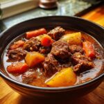 Close-up of a dark bowl filled with rich, savory beef stew featuring large chunks of tender beef, potatoes, and carrots.
