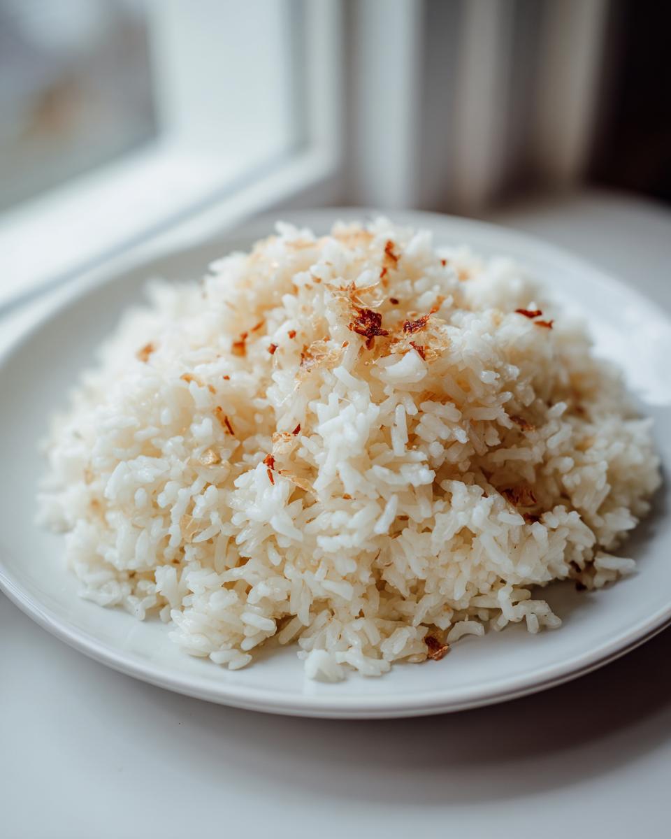 A mound of fluffy white butter rice topped with golden fried garlic or shallots, served on a white plate.