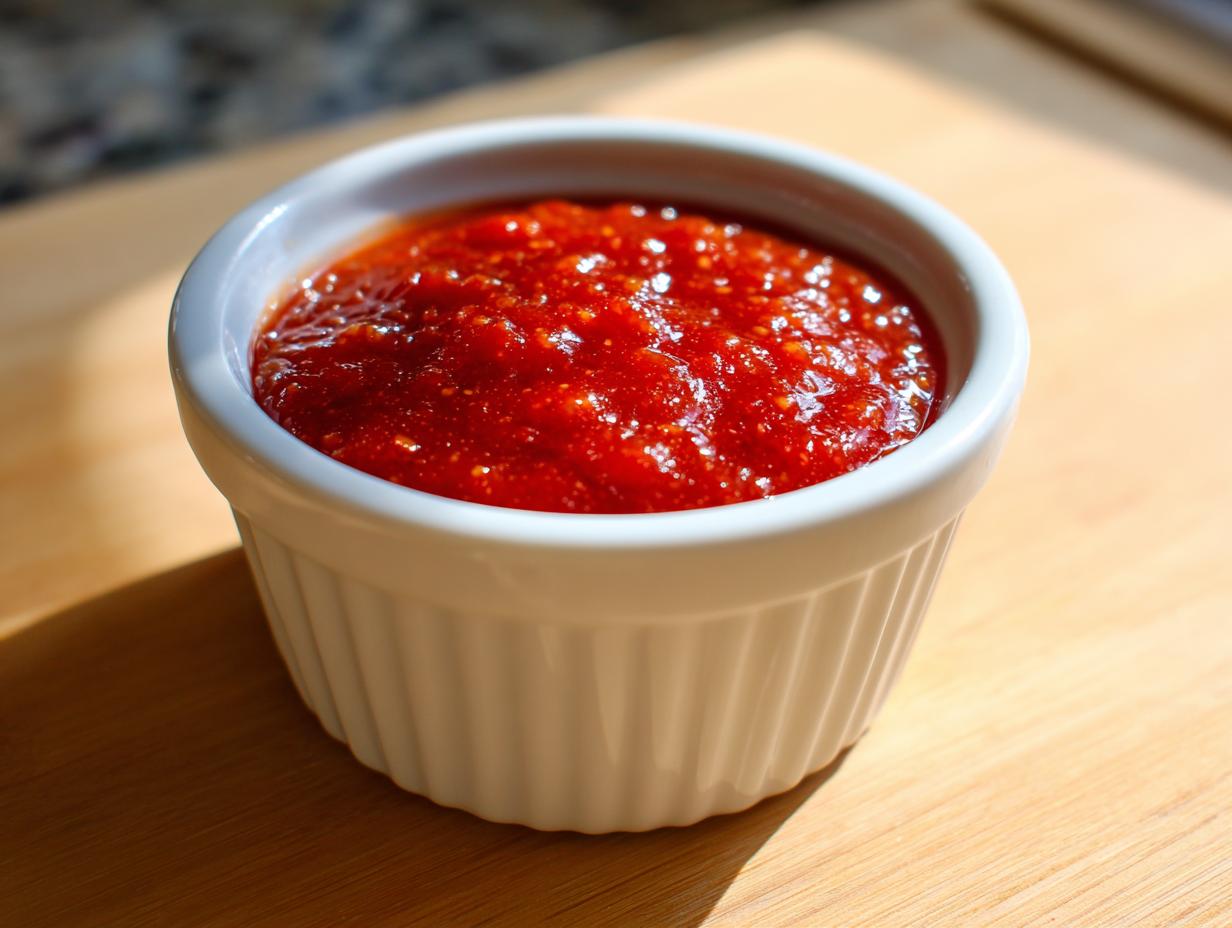 Close-up of bright red, chunky homemade cocktail sauce recipe served in a small white fluted ramekin.