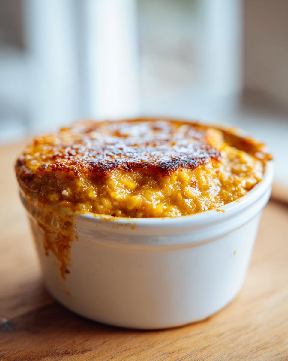 Close-up of a hot, baked individual serving of creamy corn dip with a golden-brown, slightly charred top.
