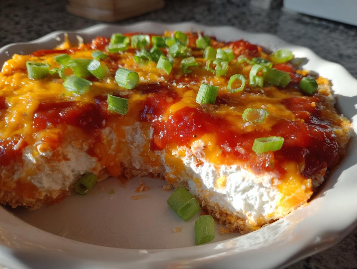 A portion removed from a baked cream cheese dip topped with melted cheddar, sauce, and green onions.