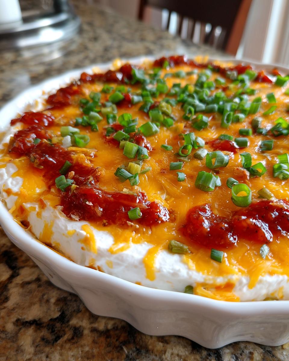 Close-up of a baked cream cheese dip topped with melted cheddar, red sauce dollops, and fresh green onions.