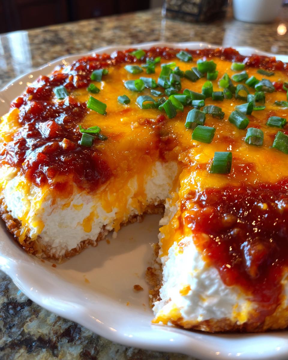 A slice removed from a round, layered cream cheese dip topped with melted cheddar, chili sauce, and green onions.