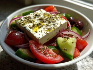 Close-up of a fresh greek salad featuring a large block of feta cheese topped with oregano and olive oil.