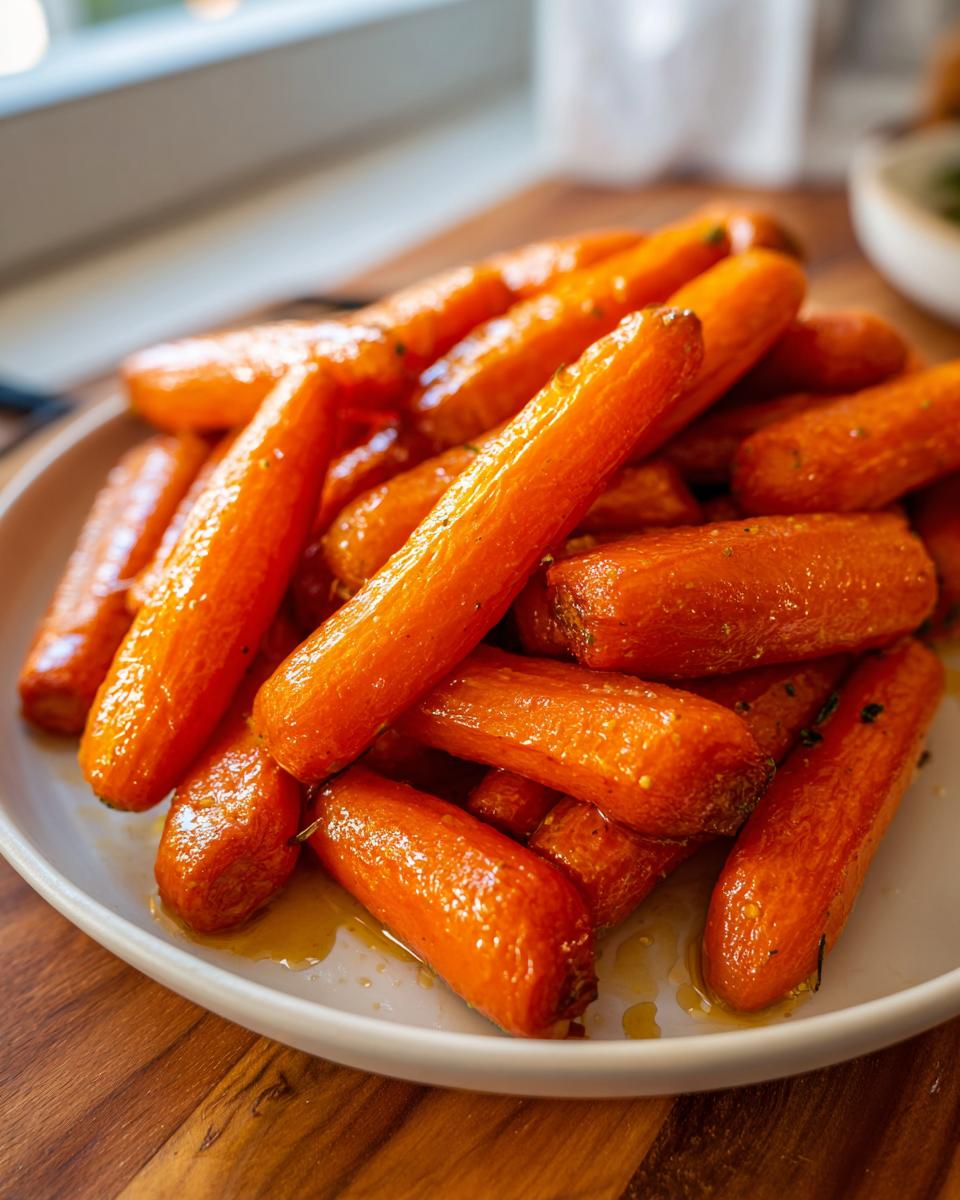 A close-up of perfectly glazed, bright orange roasted carrots piled high on a white serving dish.
