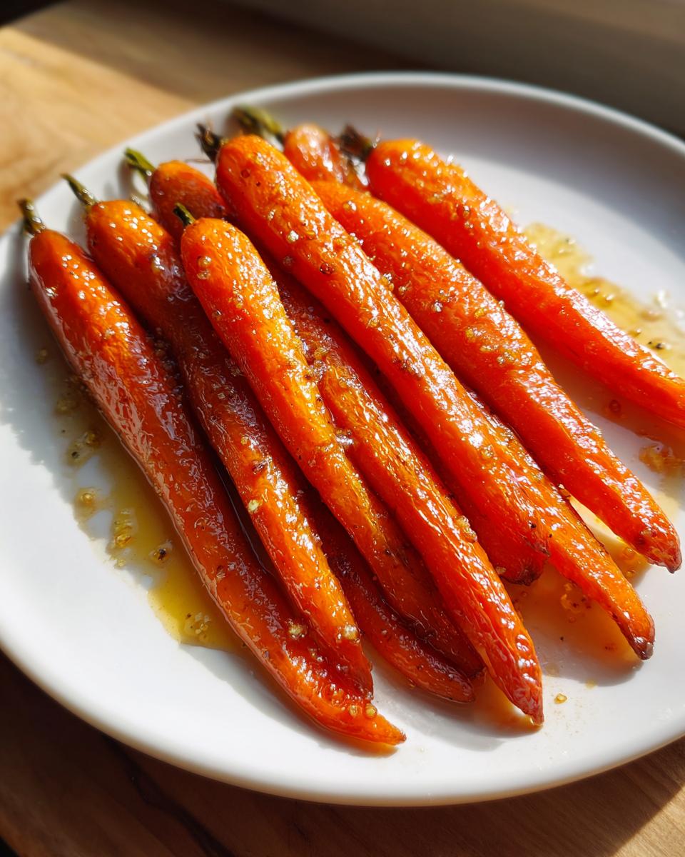 A close-up of shiny, glazed roasted carrots resting on a white plate with excess glaze pooling around them.