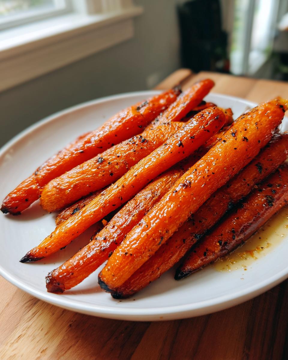 A close-up of glossy, caramelized roasted carrots seasoned with pepper, served on a white plate.