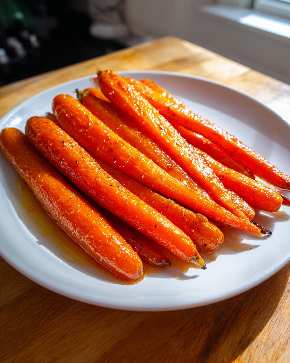 Close-up of perfectly glazed and seasoned roasted carrots arranged on a white plate.