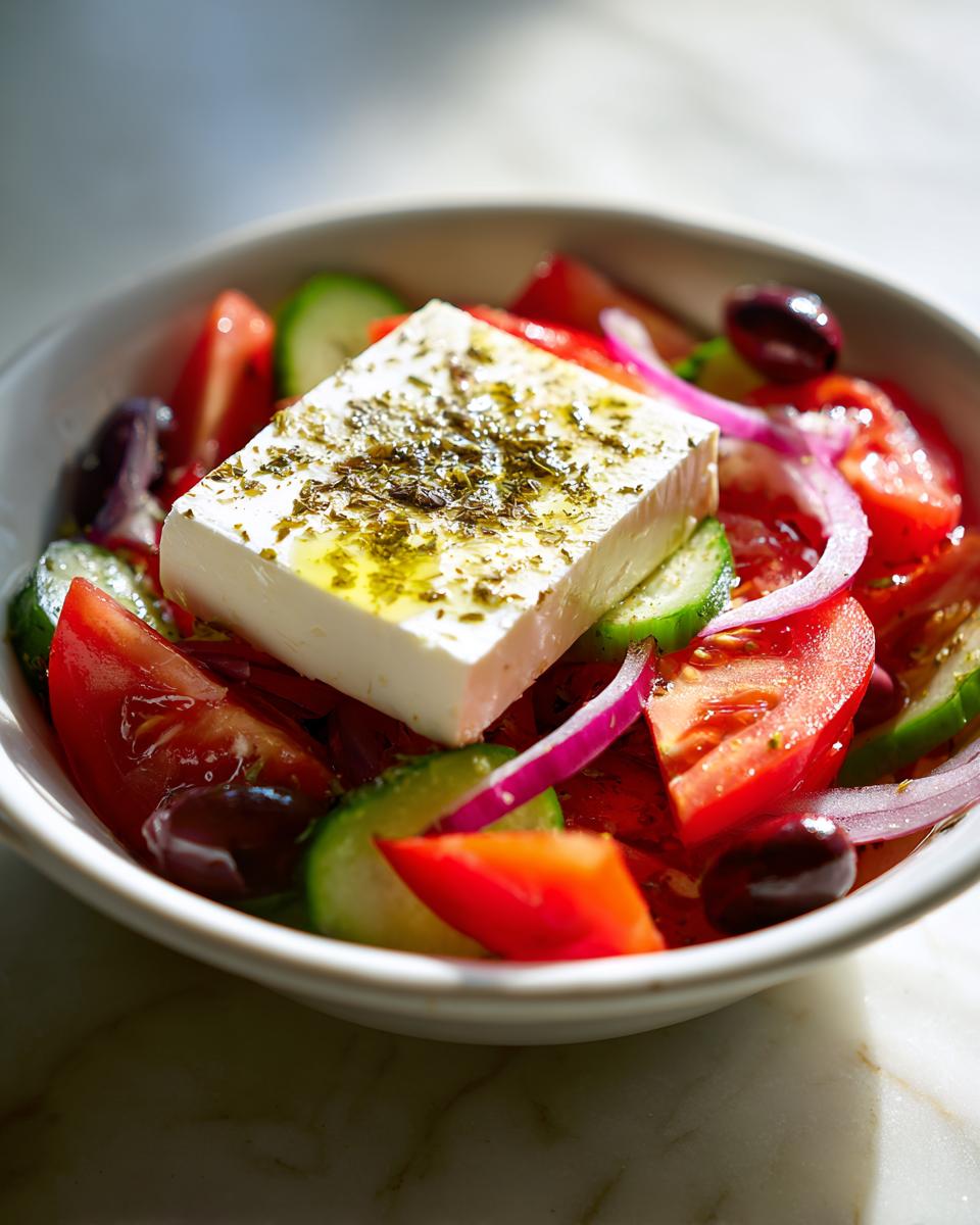 Close-up of a vibrant greek salad featuring a large block of feta cheese drizzled with oil and herbs.
