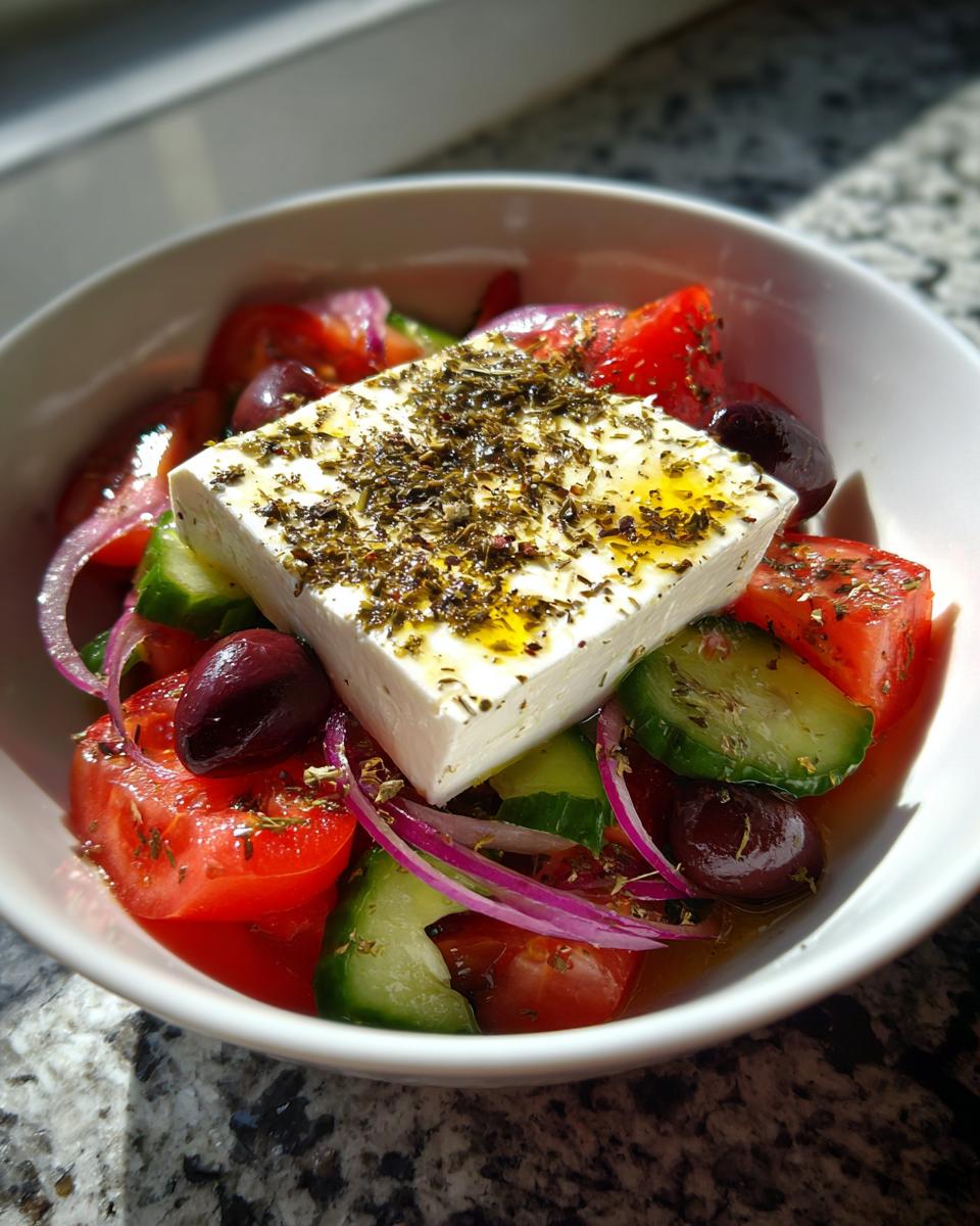 Close-up of a vibrant greek salad featuring a large block of feta cheese topped with herbs, surrounded by tomatoes, cucumbers, olives, and red onion.
