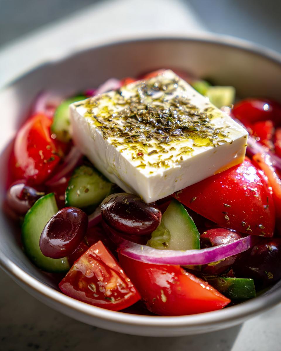 Close-up of a vibrant greek salad featuring a large block of feta cheese topped with herbs, tomatoes, cucumbers, and Kalamata olives.