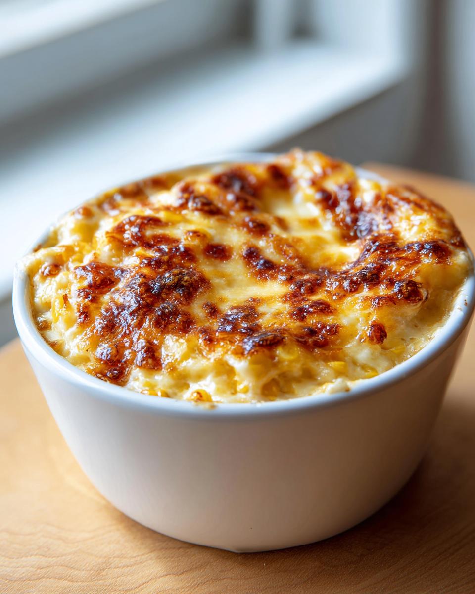 Close-up of a baked, bubbly, and browned cheese topping on a serving of hot corn dip in a white bowl.