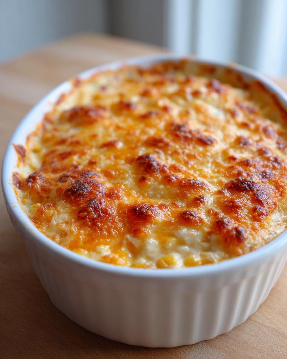 Close-up of a baked, bubbling corn dip topped with golden brown melted cheese in a white ceramic dish.