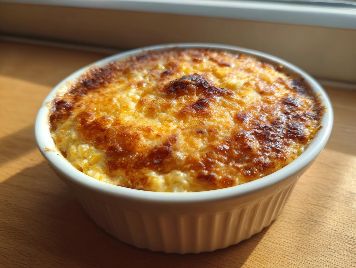 Close-up of baked amazing 10-minute corn dip with a golden-brown, bubbly cheese crust in a white ramekin.
