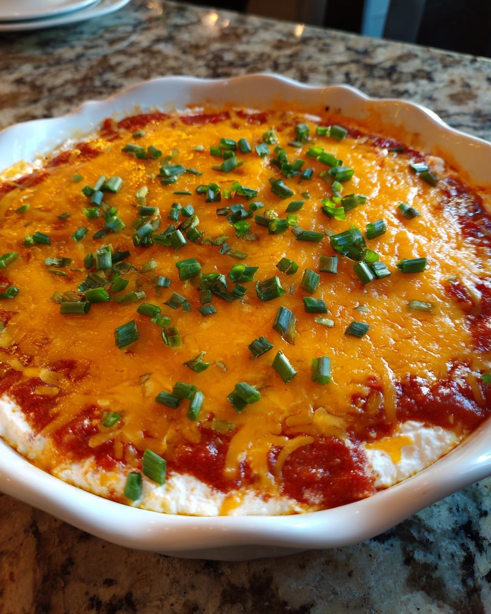 Close-up of a baked cream cheese dip topped with melted cheddar cheese, red sauce, and fresh green chives.